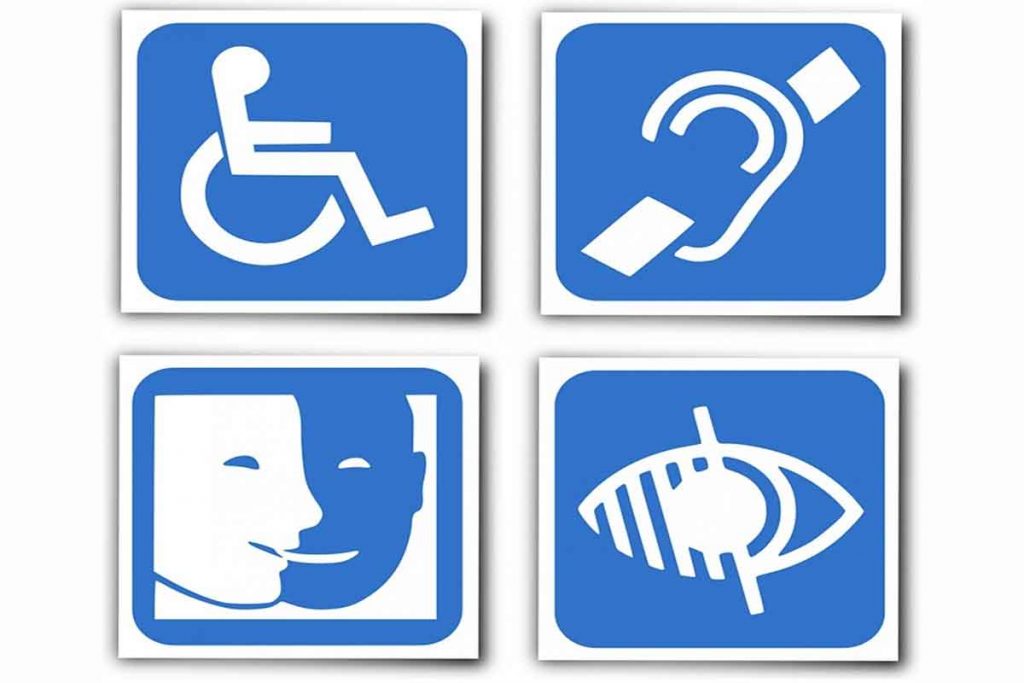 Logo illustrant les principaux handicaps qui peuvent compliquer l'accessibilité numérique, à savoir les handicaps moteurs, les déficiences visuelles, auditives et mentales. Mon agence web les prendre en compte dans la création de sites internet